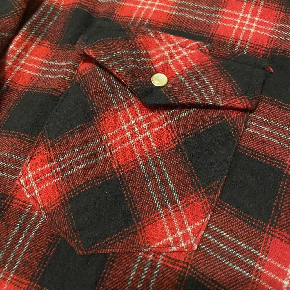 Vintage Wrangler Wrancher Western Flannel Pearl Snap Shirt Red Buffalo Plaid - Picture 2 of 8